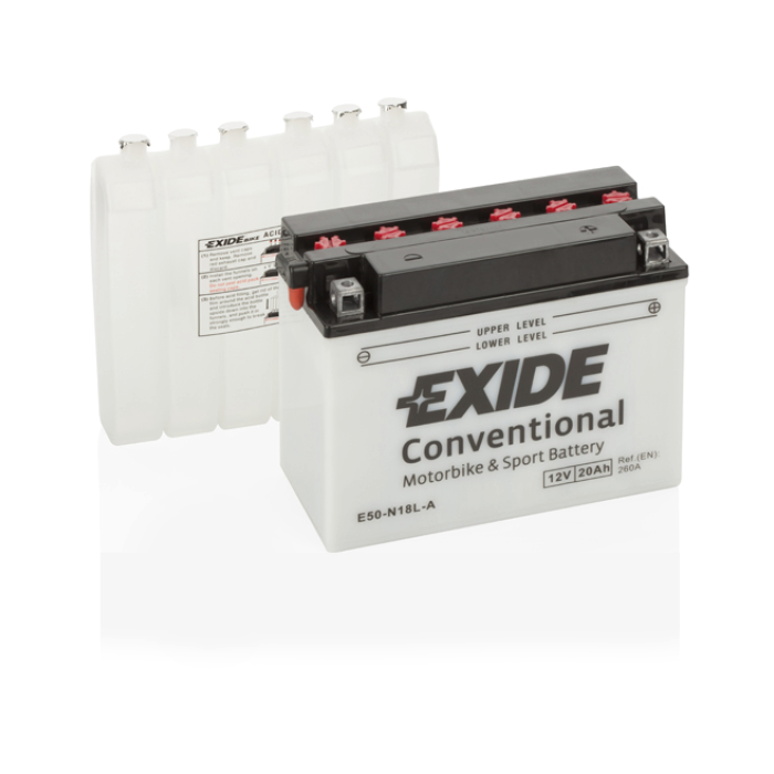 Batterie moto Exide E50-N18L-A 12 V 20 Ah 260 A – Plomb-acide (électrolyte liquide)
