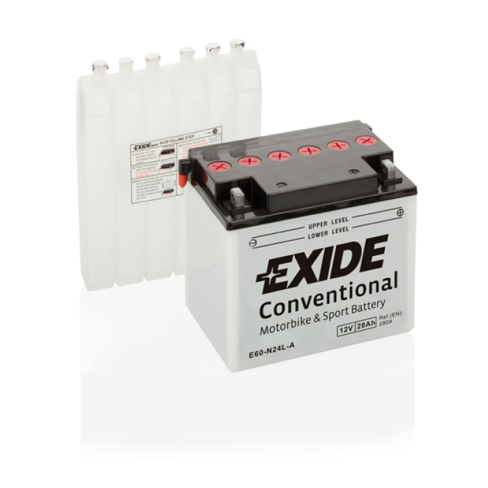 Batterie moto Exide E60-N24L-A 12 V 28 Ah 280 A – Plomb-acide (électrolyte liquide)