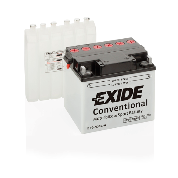 Batterie moto Exide E60-N30L-A 12 V 30 Ah 300 A – Plomb-acide (électrolyte liquide)