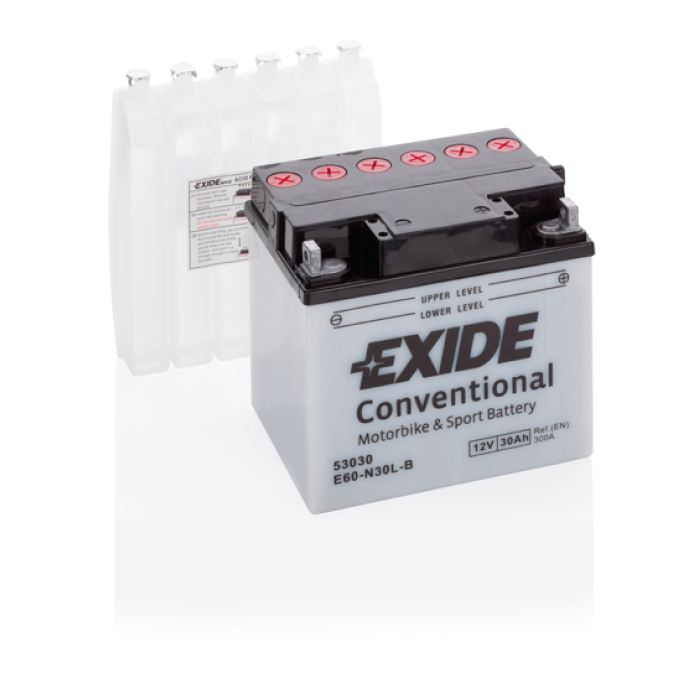 Batterie moto Exide E60-N30L-B 12 V 30 Ah 300 A – Plomb-acide (électrolyte liquide)
