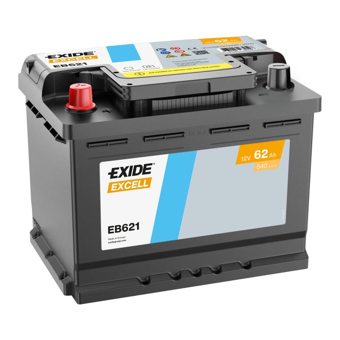 Batterie de démarrage Exide Excell EB621 12 V 62 Ah 540 A – Plomb-acide (sans entretien)