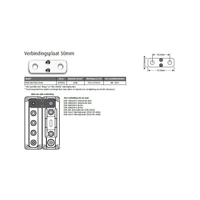 Plaque de liaison bus bar 50 mm M8/M10 600 A - lot de 2 